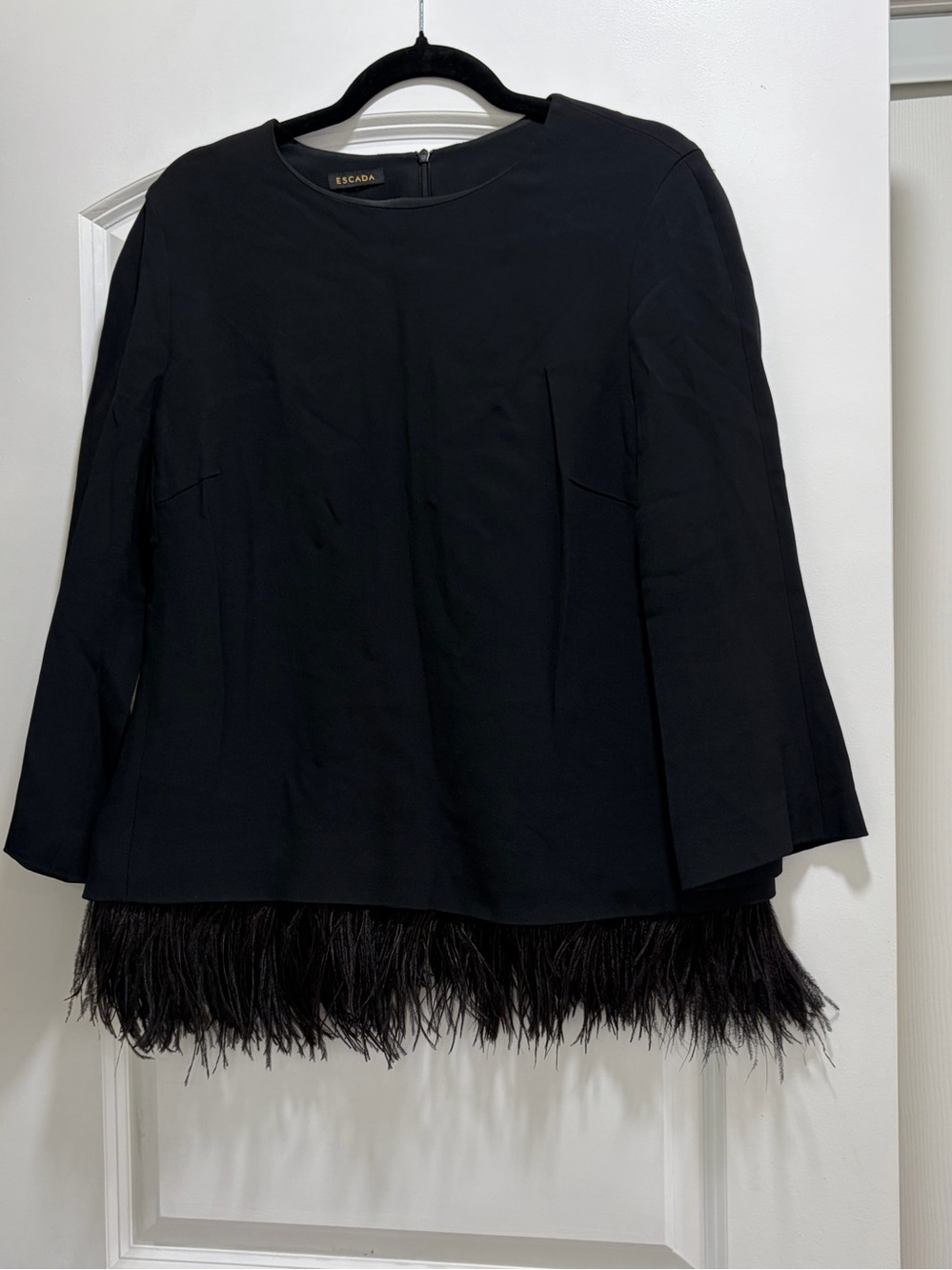 ESCADA Black 3/4 Sleeve Top with Ostrich Feather Hem - Size 40